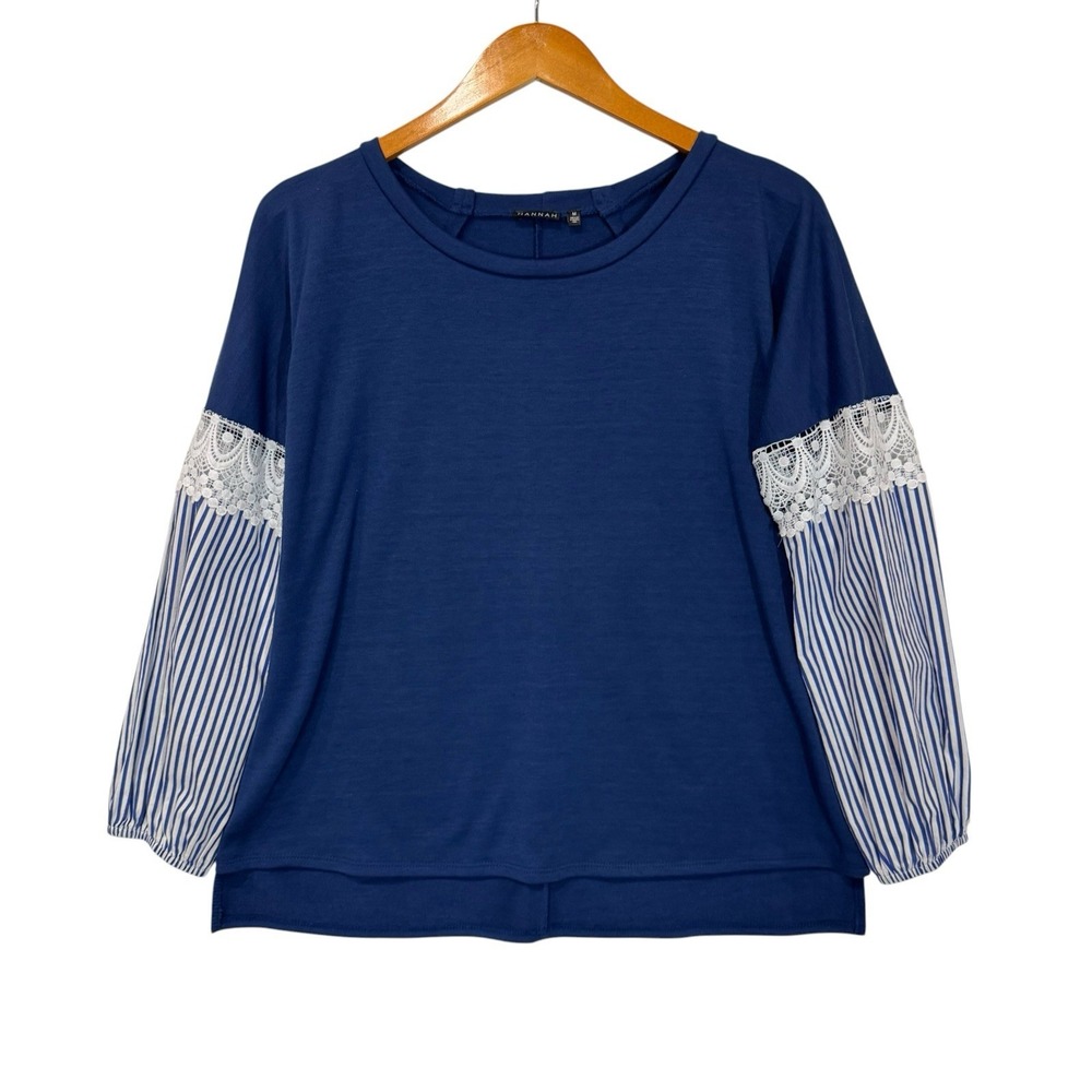 Hannah Womens Medium Blue Lace Stripe Puff Sleeve Knit Blouse Casual Boho Top